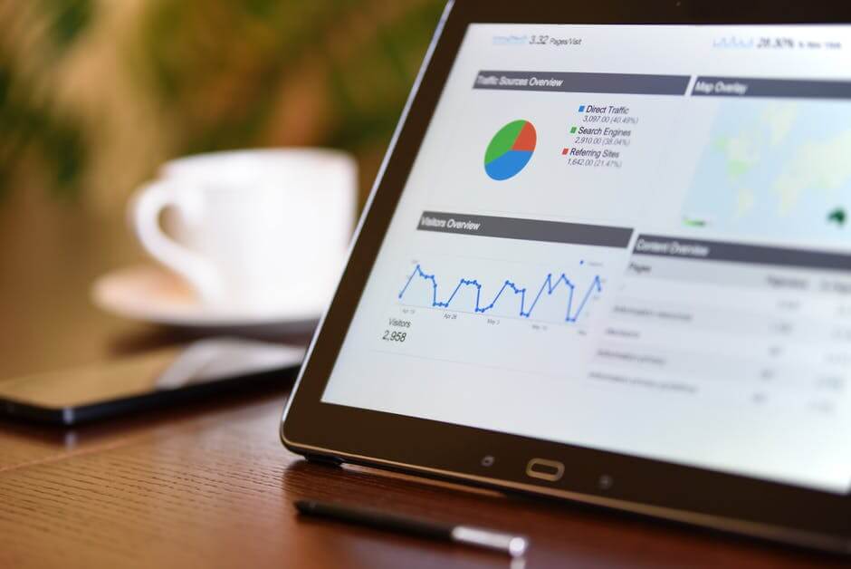 A tablet screen showing pie charts, graphs, tables.