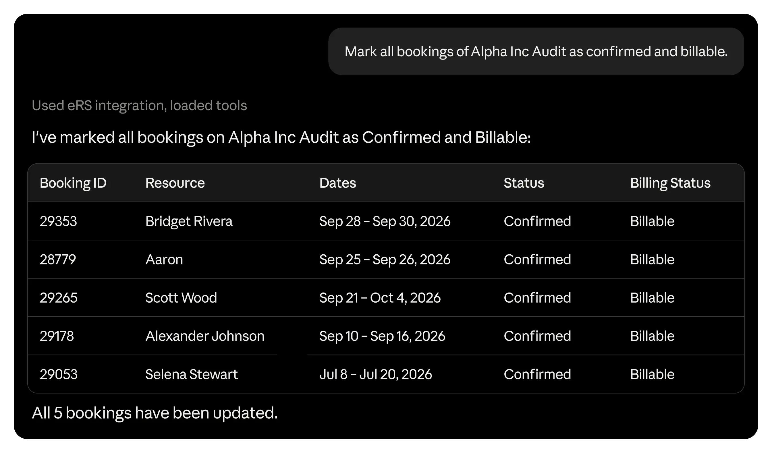 Mark all bookings of Alpha Inc audit as confirmed and billable.