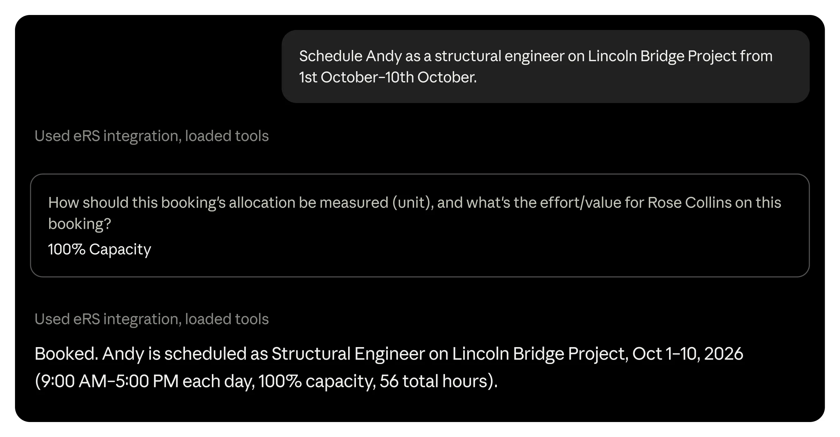 Schedule Andy as a structural engineer on Lincoln Bridge Project from 1st October–10th October.